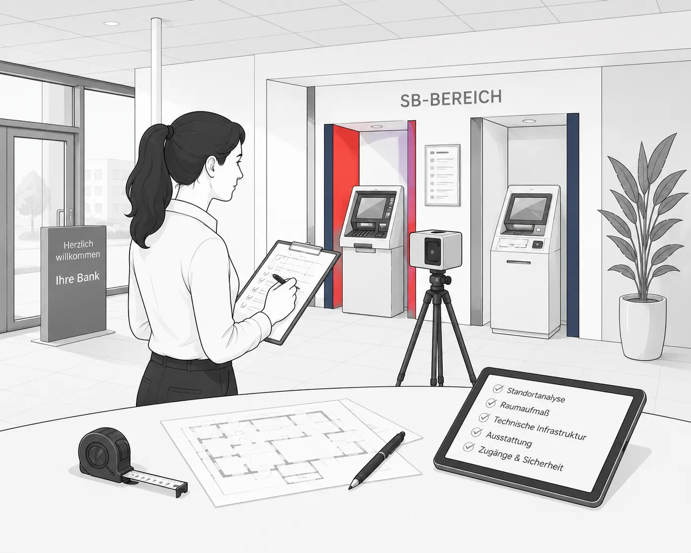 Karikatur zur Analyse und Bestandsaufnahme eines SB-Bereichs in einer Bankfiliale