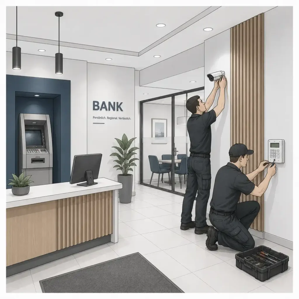 Karikatur zur Modernisierung einer Bankfiliale