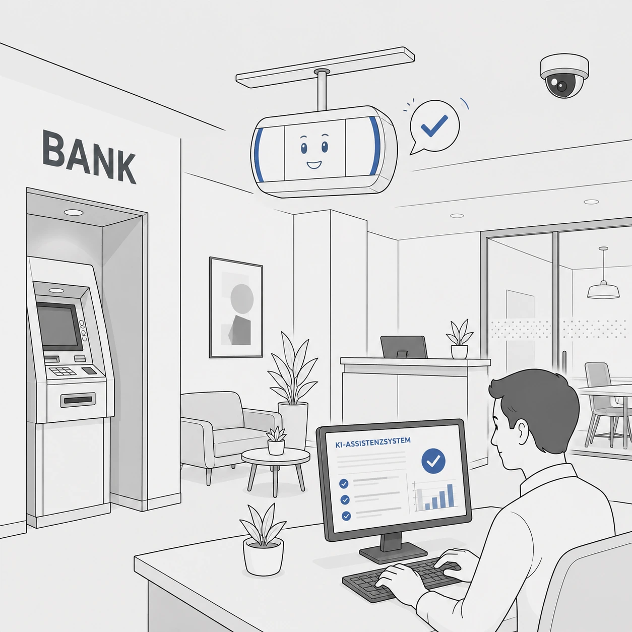 Karikatur eines KI-gestützten Assistenzsystems in einem Bankfoyer