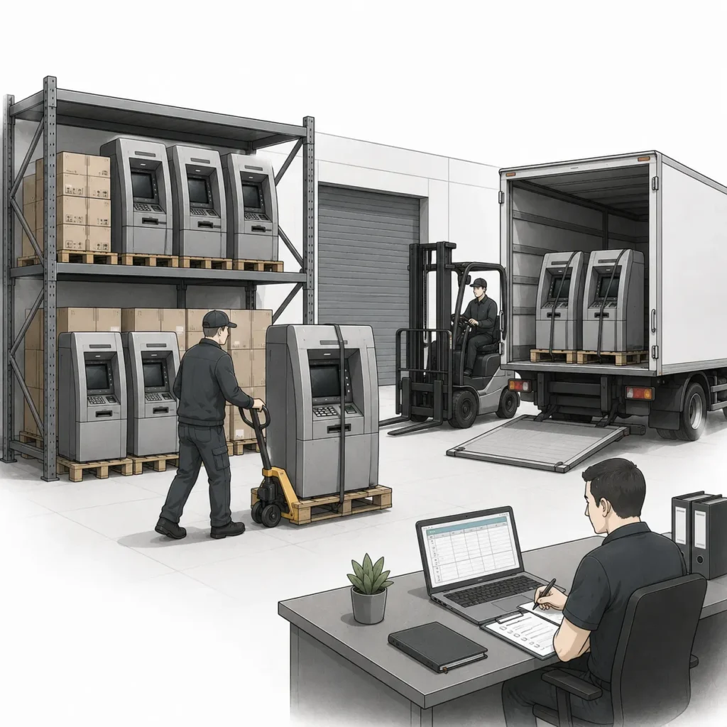 Karikatur zur Lagerung und Logistik von Geldautomaten und Banktechnik