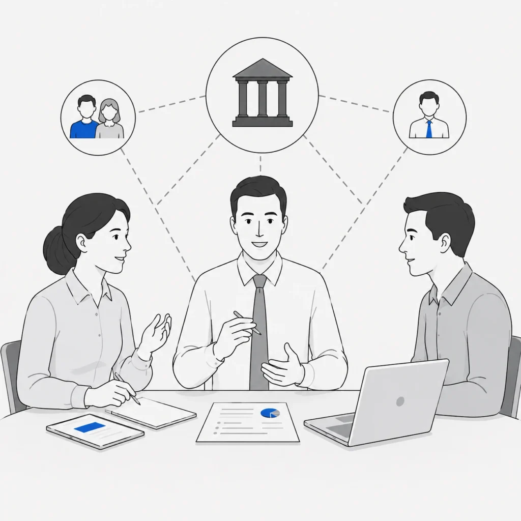 Karikatur zur Koordination verschiedener Projektpartner bei einem Bank- oder Umbauprojekt